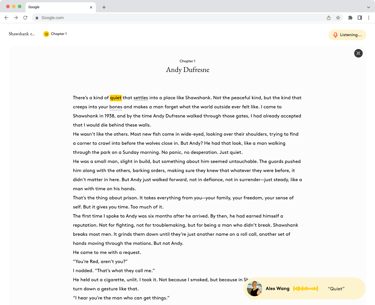 Fullscreen reader interface showing reading application with listening features